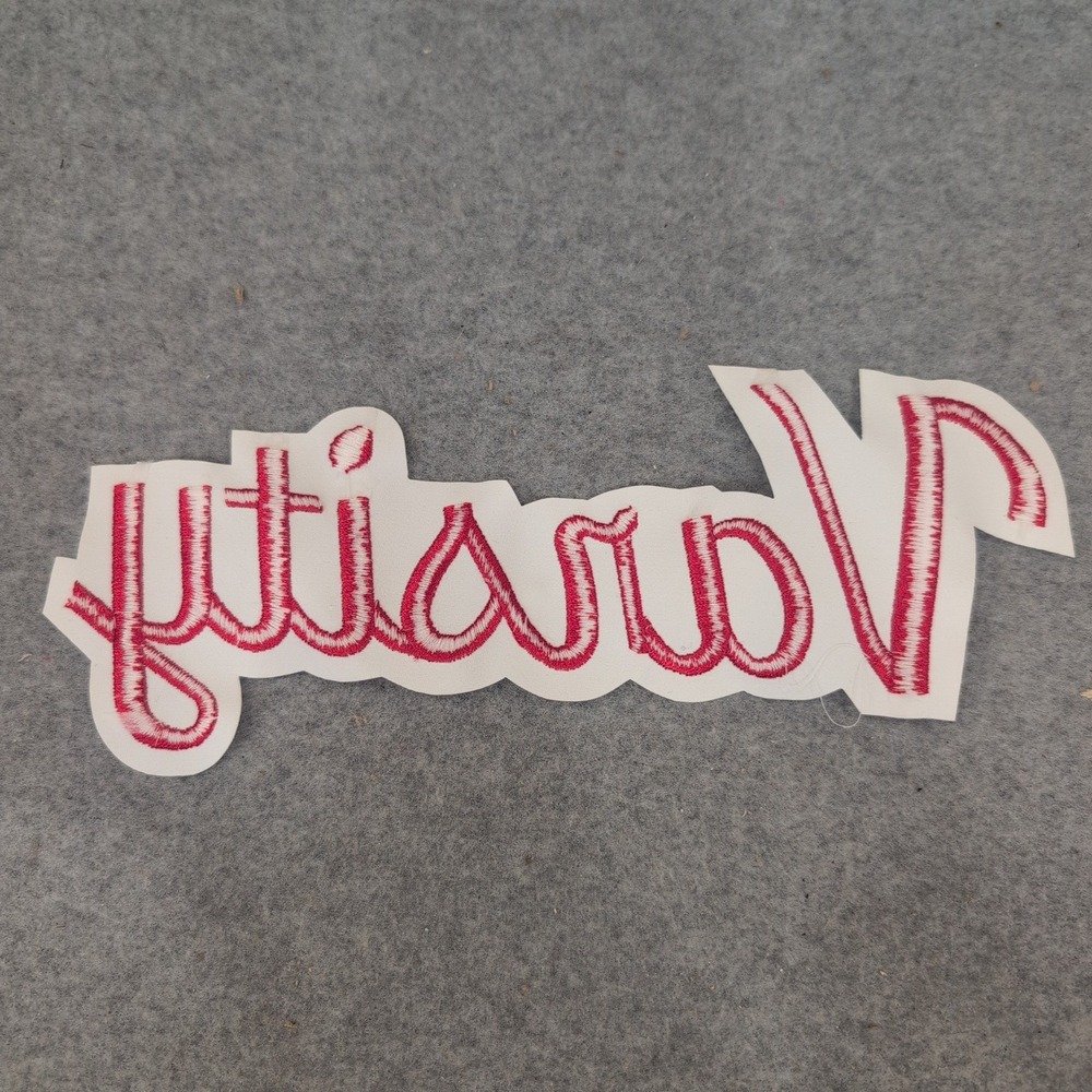 Varsity Script Embroidered Patch Red White Collegiate Letterman Applique - Picture 3 of 3